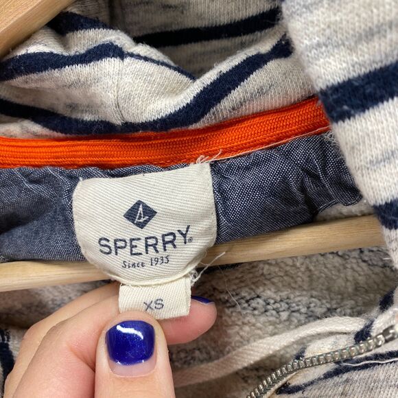 Sperry Hoodie Women XS White Striped Hooded 3/4 Sleeve Cotton Tasseled Pockets - Picture 6 of 10